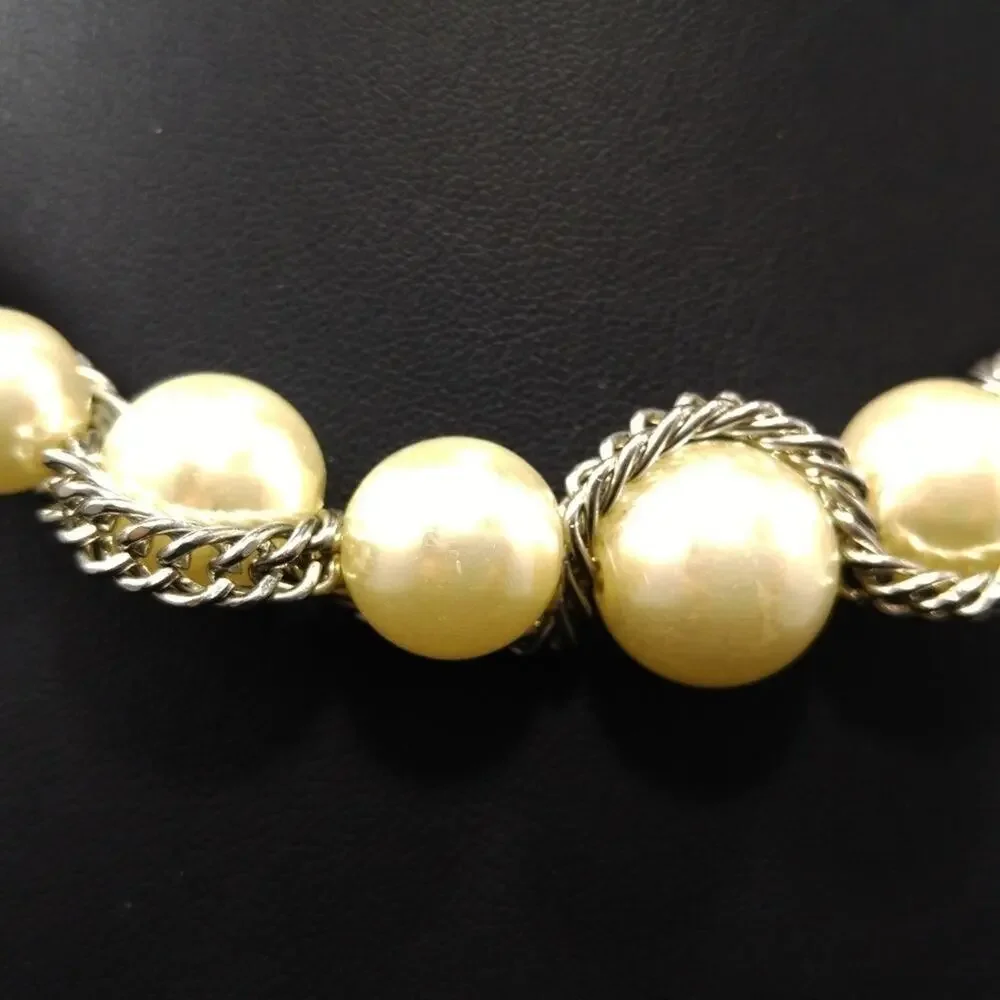 Faux Pearl Silver Chain Memory Wire Choker Necklace, 21 Inches, CG Hangtag